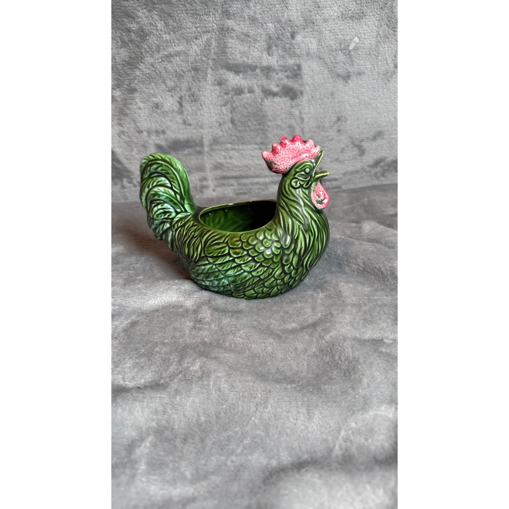 Vintage Rooster Planter Unisex OS Green Excellent Ceramic Majolica Figurine